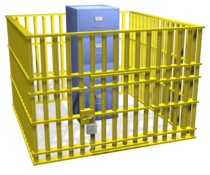 Caja fuerte del bloqueo de la cabina de fichero en jaula de la seguridad de datos ilustración del vector Caja fuerte del bloqueo de la cabina de fichero en jaula de la seguridad de datos ilustración del vector
