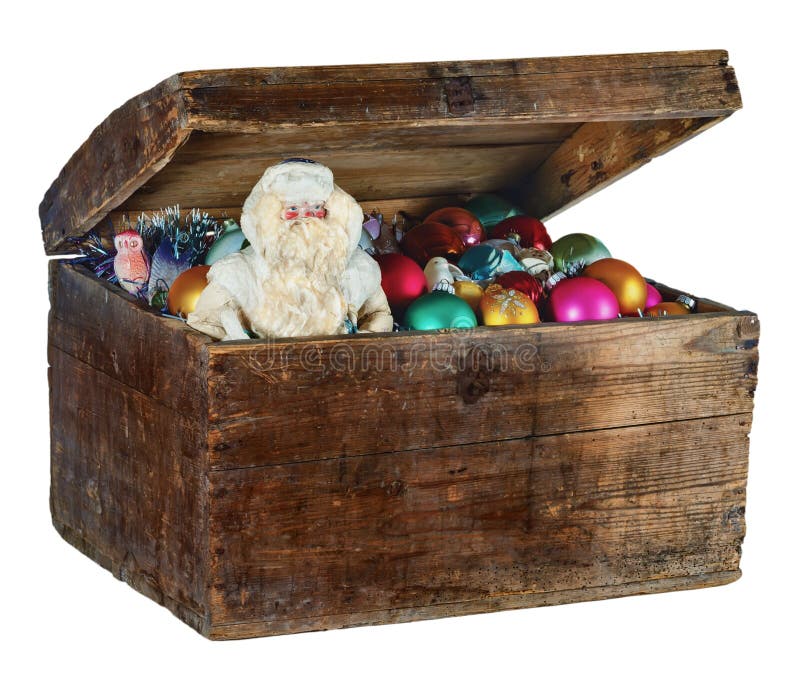 Caja vieja con las decoraciones y Santa Claus de la Navidad imagenes de archivo Caja vieja con las decoraciones y Santa Claus de la Navidad imagenes de archivo
