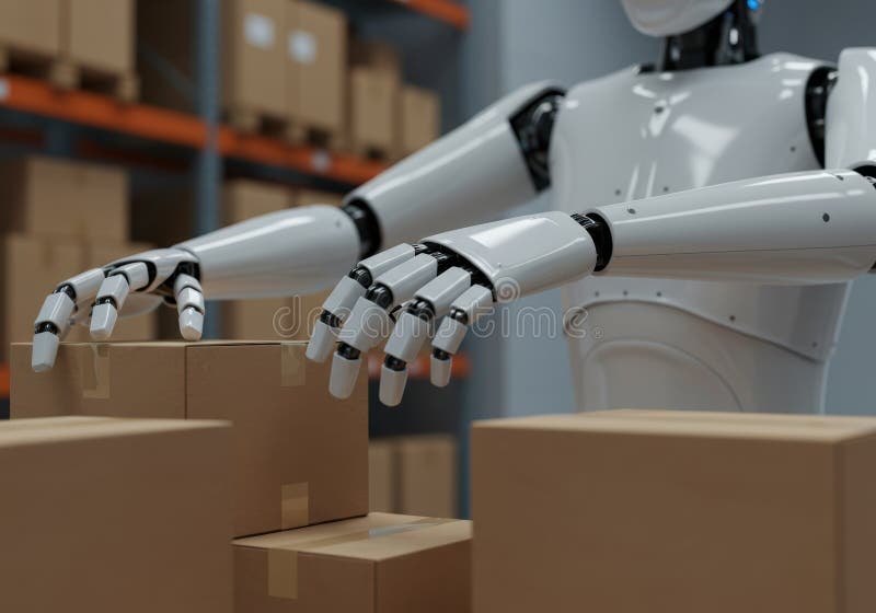 Cajas de apilamiento de robots de almacén : automatización y asistencia en logística moderna fotos de archivo