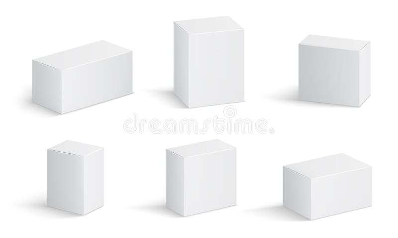 Cajas de cartón blancas Paquete en blanco de la medicina en diversos tamaños El vector médico de la caja cuadrada 3d del producto ilustración del vector