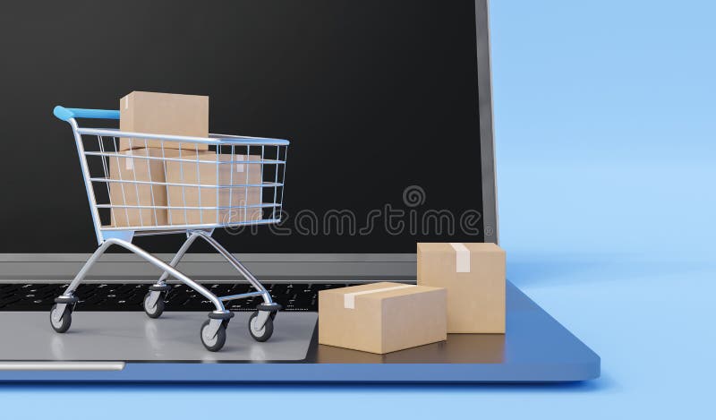 Cajas de cartón en el carrito de la compra de la laptop pc aisladas en fondo azul. e concepto de compra. entrega de paquetes onlin