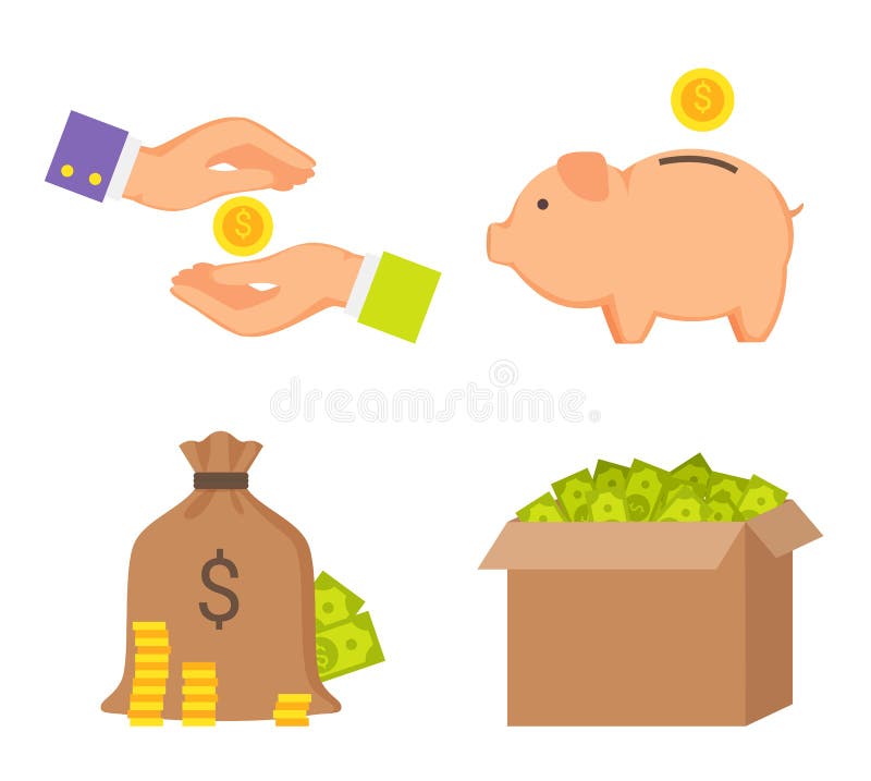 Cajas de dinero y colección humana de los iconos del color de las manos stock de ilustración Cajas de dinero y colección humana de los iconos del color de las manos stock de ilustración