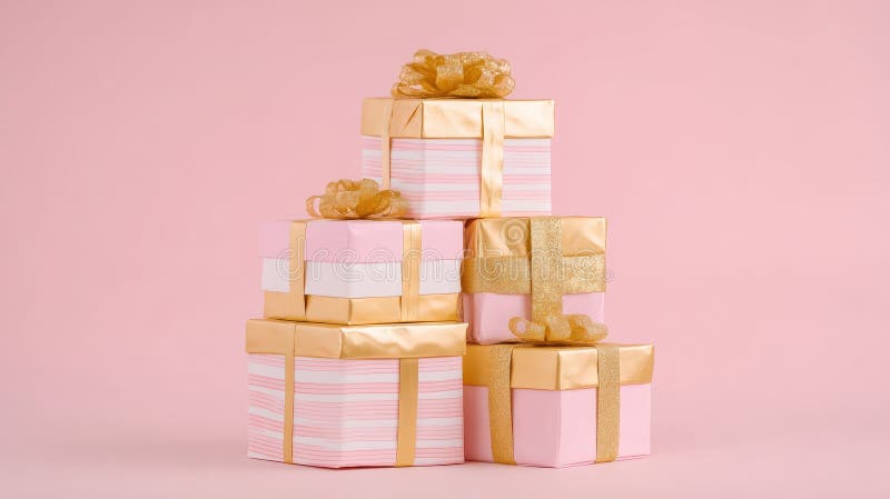 Cajas de regalo apiladas de oro y rosa con cintas sobre fondo blanco perfectas para celebraciones o fiestas. fotos de archivo