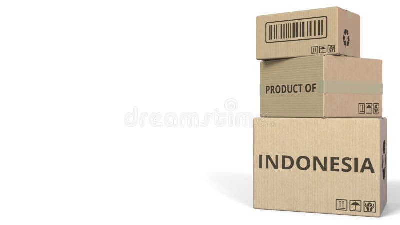 Cajas que caen con el PRODUCTO del texto de INDONESIA Representación conceptual 3d stock de ilustración Cajas que caen con el PRODUCTO del texto de INDONESIA Representación conceptual 3d stock de ilustración