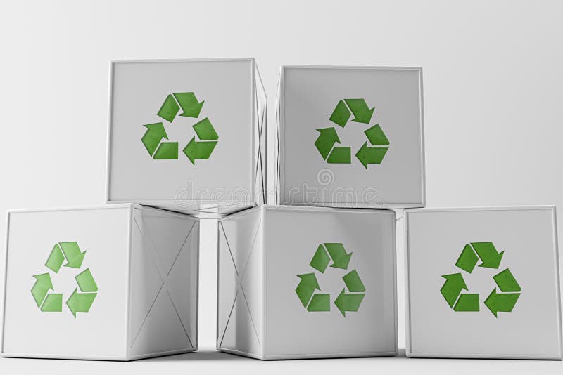 Cajones Con El Signo De Reciclaje Aislado En Fondo Blanco Stock de