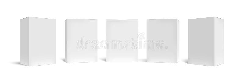 Cajón realista Envases rectangulares, cartón blanco y conjunto de plantillas vectoriales 3D en blanco en formato vertical