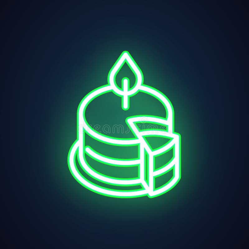 Cake with candle neon icon. Holiday and party symbol. Illuminated sign for advertisement, market, shop, store, cafe stock illustration Cake with candle neon icon. Holiday and party symbol. Illuminated sign for advertisement, market, shop, store, cafe stock illustration