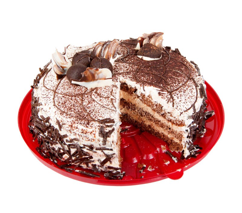 Cake chocolate on red plate