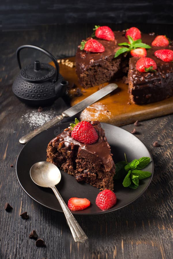 Cake with chocolate and strawberry pieces