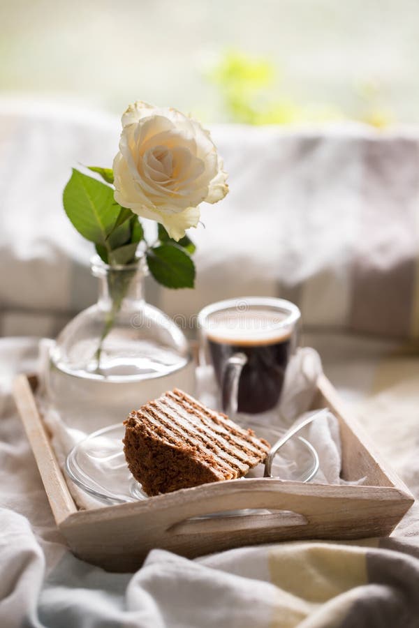 Cake with Coffee and Flower in Tray on Bed Stock Image - Image of cakes ...