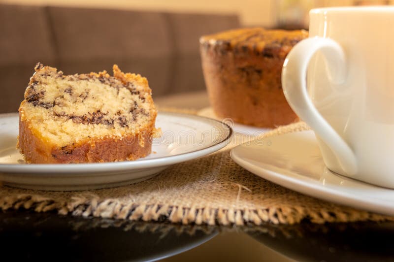 Coffee Break With Cake Bread And Cup Of Coffee On A Wood Table