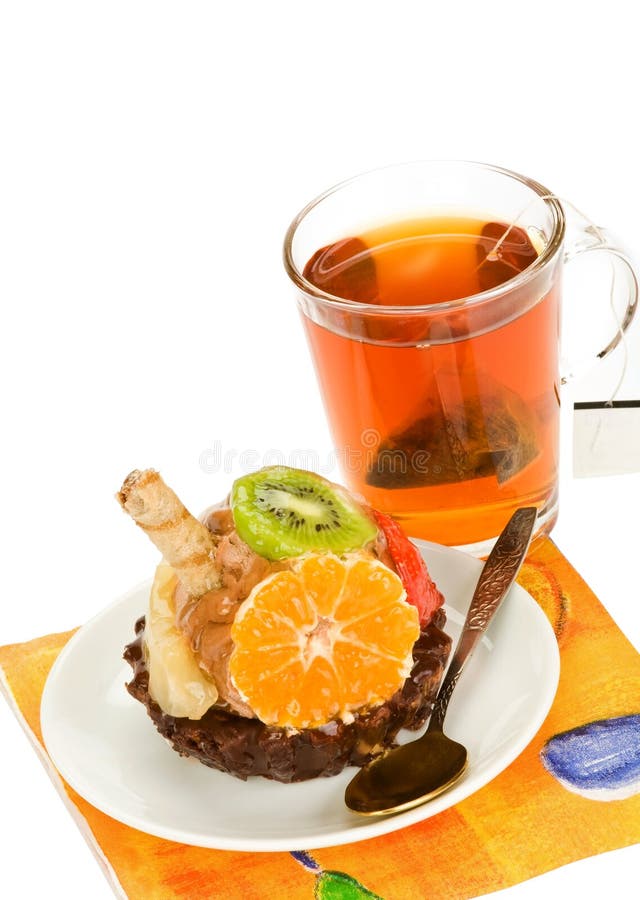 Cake with Fruit and a Cup of Tea Stock Image Image of gourmet, cake