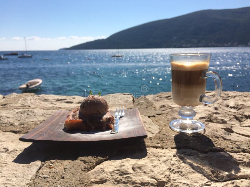 Cake with ice cream on seaside