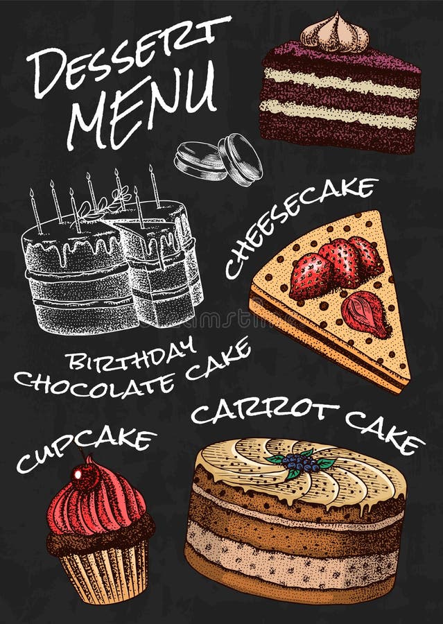 Cake menu. Hand drawn bakery product. Sweet Food on chalkboard. Vintage donut macaroon. Engraved sketch. Vector