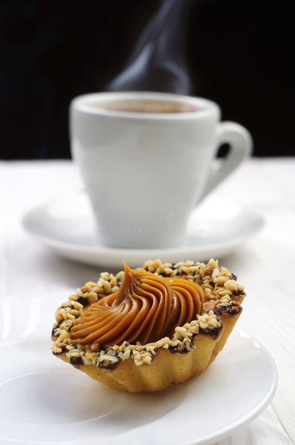 Cup Coffee and Cake with Chocolate Sauce Topping Stock Image Image of