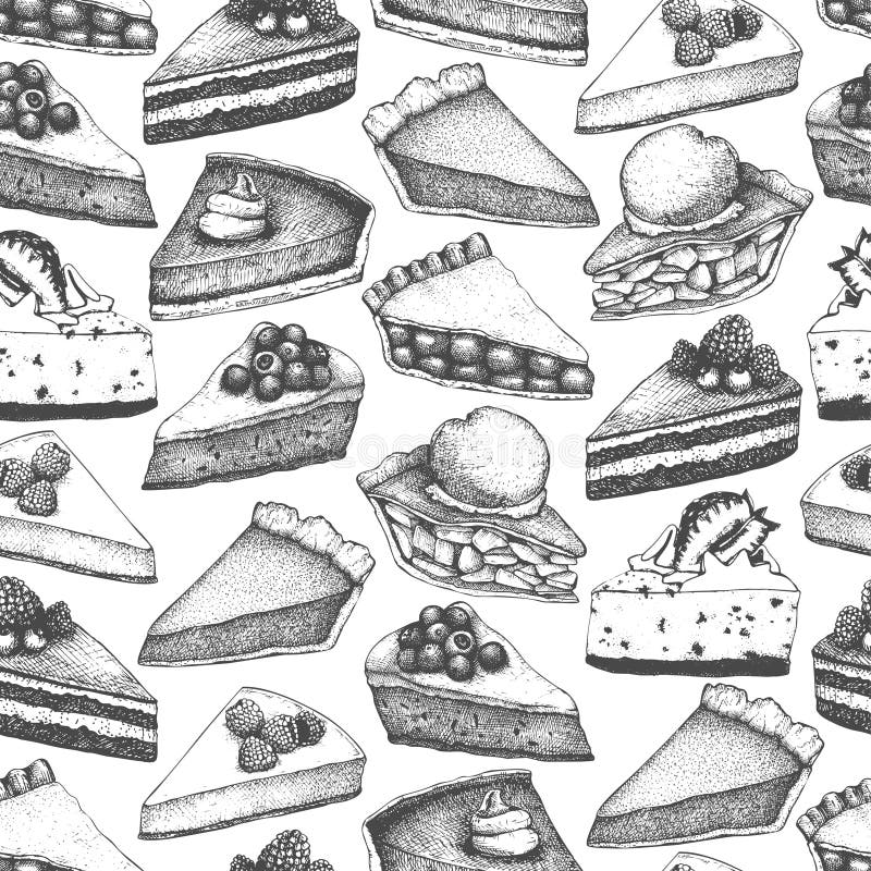Vector background with ink hand drawn fruit and berry baking illustration. Vintage design with traditional cake, tart and pie sket stock illustration Vector background with ink hand drawn fruit and berry baking illustration. Vintage design with traditional cake, tart and pie sket stock illustration