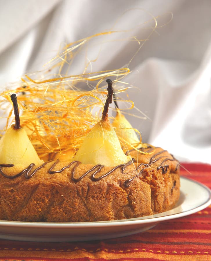 Cake with pears with spun sugar strands