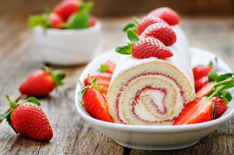 Cake Roll with Strawberries and Cream Cheese Stock Photo Image of