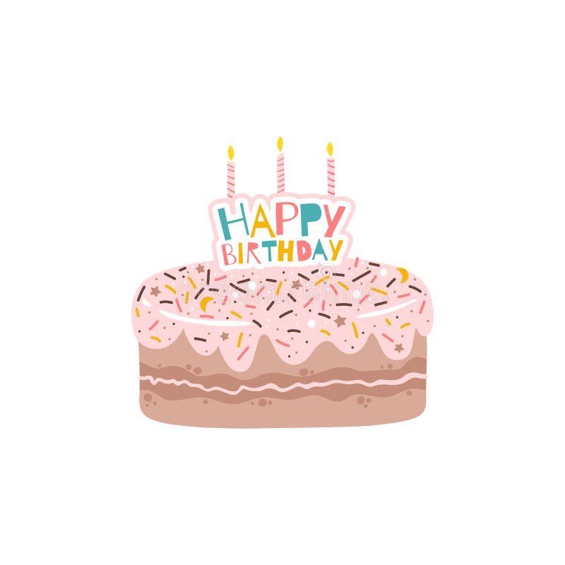Cake sprinkles and pink glaze with birthday party with candles and the inscription. Isolated flat vector illustration in vector illustration Cake sprinkles and pink glaze with birthday party with candles and the inscription. Isolated flat vector illustration in vector illustration