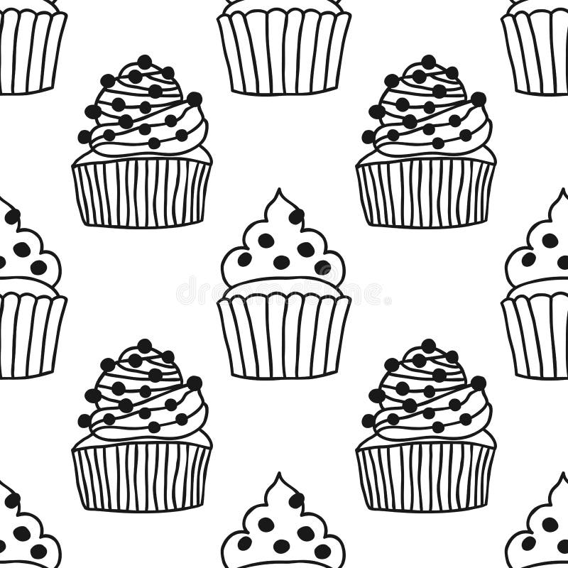 Cakes, Sweet Dessert. Black and White Seamless Pattern for Coloring