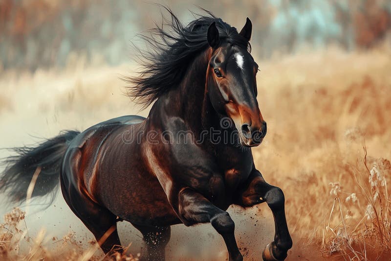 Cal negru maiestuos într-un câmp de aur. stock illustration