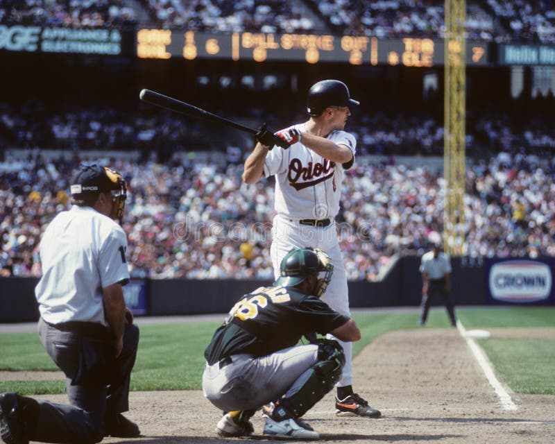 Baltimore Orioles legend Cal Ripken swings at a pitch. (Image taken from color negative.). Baltimore Orioles legend Cal Ripken swings at a pitch. (Image taken from color negative.)