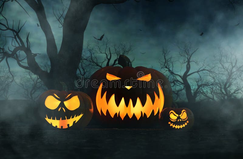 Calabaza de Halloween en bosque espeluznante en la noche stock de ilustración Calabaza de Halloween en bosque espeluznante en la noche stock de ilustración