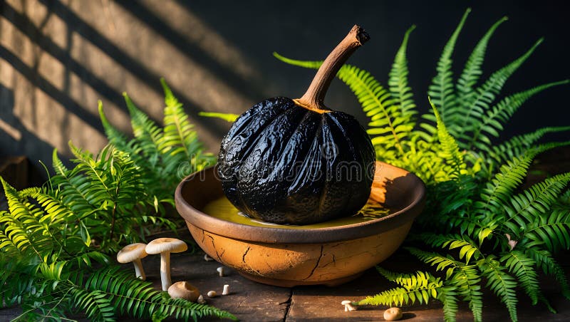 Calabaza negra en un bol de arcilla con helechos y hongos ilustración del vector