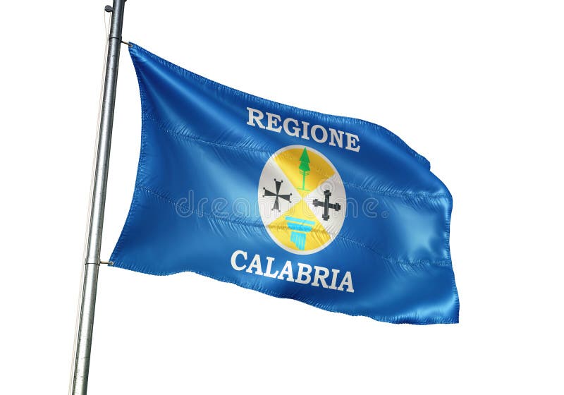 Calabria region of Italy Flag on flage waving isolated on white background realistic 3d illustration. Calabria region of Italy Flag on flage waving isolated on white background realistic 3d illustration
