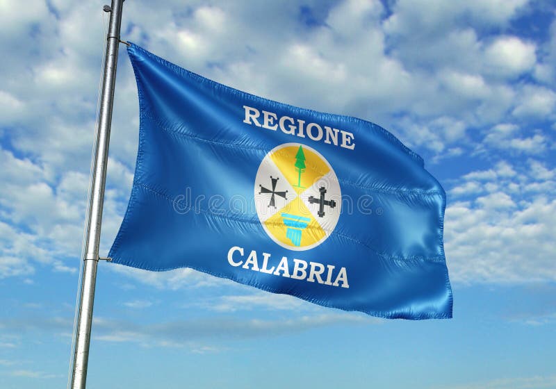 Calabria region of Italy Flag on flagpole pole waving with sky on background realistic 3d illustration. Calabria region of Italy Flag on flagpole pole waving with sky on background realistic 3d illustration