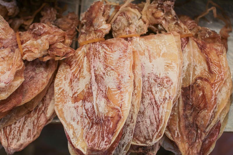 Calamaro secco, calamari tradizionali che si asciugano al sole in un mercato Tailandia fotografia stock libera da diritti Calamaro secco, calamari tradizionali che si asciugano al sole in un mercato Tailandia fotografia stock libera da diritti