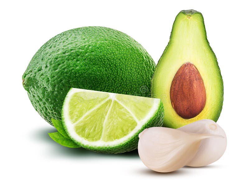 Calce e fetta con la foglia, l'avocado e l'aglio fotografie stock libere da diritti Calce e fetta con la foglia, l'avocado e l'aglio fotografie stock libere da diritti