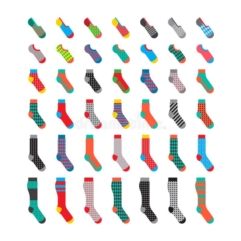 Flat design colorful socks set vector illustration. Textile warm clothes socks pair cute decoration wool winter clothing. Flat design colorful socks set vector illustration. Textile warm clothes socks pair cute decoration wool winter clothing.