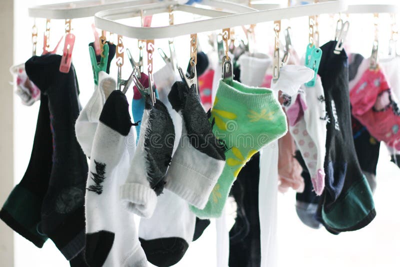 Lots of socks on a hanging. Lots of socks on a hanging