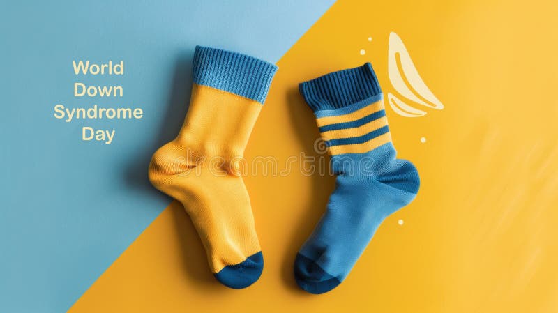 A photo showcasing a pair of mismatched yellow and blue socks on a split background to observe World Down Syndrome Day. AI generated. A photo showcasing a pair of mismatched yellow and blue socks on a split background to observe World Down Syndrome Day. AI generated