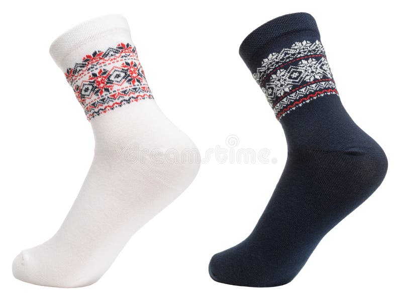 Long white and blue cotton nordic style socks with geometric ornament on foot mannequin isolated on a white background. Long white and blue cotton nordic style socks with geometric ornament on foot mannequin isolated on a white background