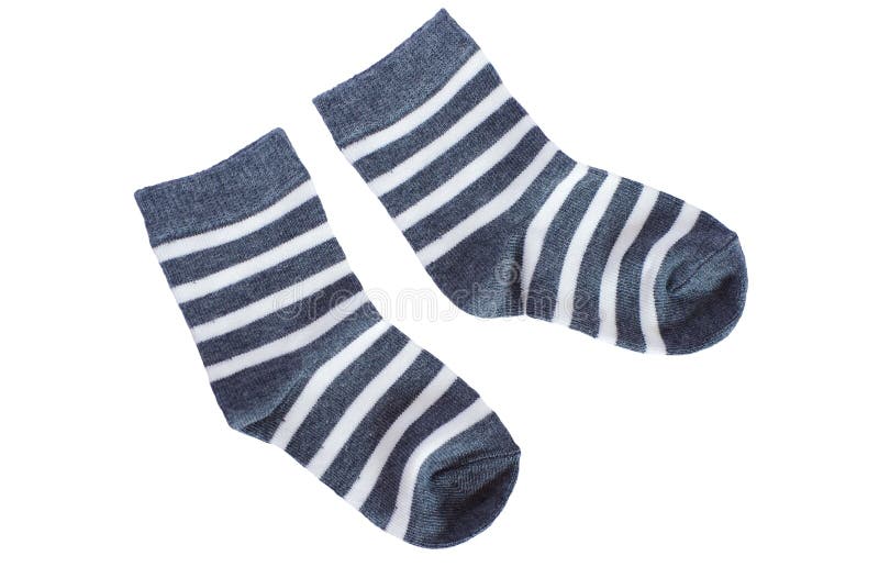 Pair of gray striped baby socks on white background. Pair of gray striped baby socks on white background