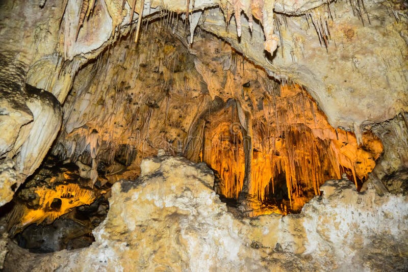 Calcite inlets, stalactites and stalagmites in large underground halls in Carlsbad Caverns National Park, New Mexico. USA