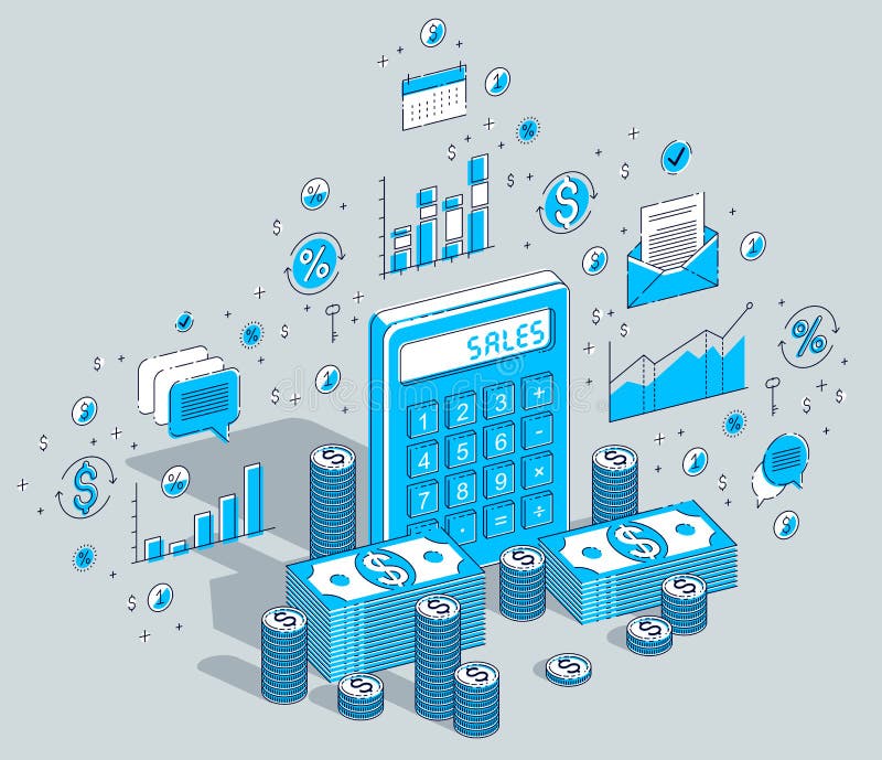 Calculator with cash money stacks and coins piles isolated on white background, sales concept. Isometric 3d vector finance stock illustration Calculator with cash money stacks and coins piles isolated on white background, sales concept. Isometric 3d vector finance stock illustration