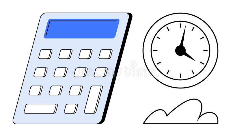 Calculator, Clock, and Cloud Representing Time Management and Efficiency vector illustration