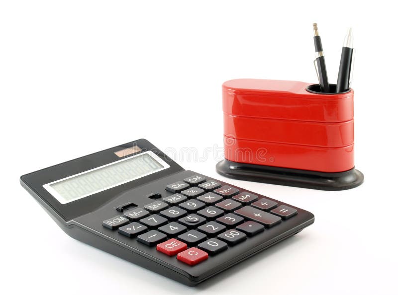 black calculator with zero number on screen and red plastic desk organizer with pen and pencil isolated on white background royalty free stock photo black calculator with zero number on screen and red plastic desk organizer with pen and pencil isolated on white background royalty free stock photo