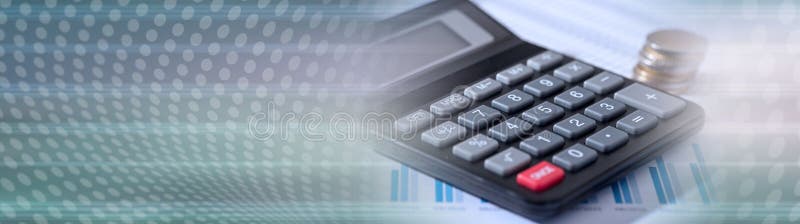 Calculator on financial documents, accounting concept. panoramic banner stock photo Calculator on financial documents, accounting concept. panoramic banner stock photo
