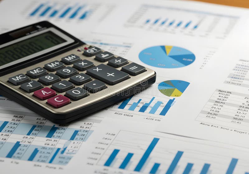 A calculator rests on top of financial documents with charts and graphs. The image showcases business data analysis, possibly financial reports, and accounting processes. The colors are muted tones of gray, black, and blue, with a neutral backdrop, suggesting a professional and serious atmosphere. The image is well-suited for use in articles, presentations, or advertisements related to business. Accounting processes illustrations