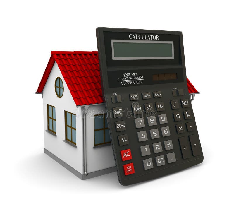 Calculator leaned on a little house with red roof