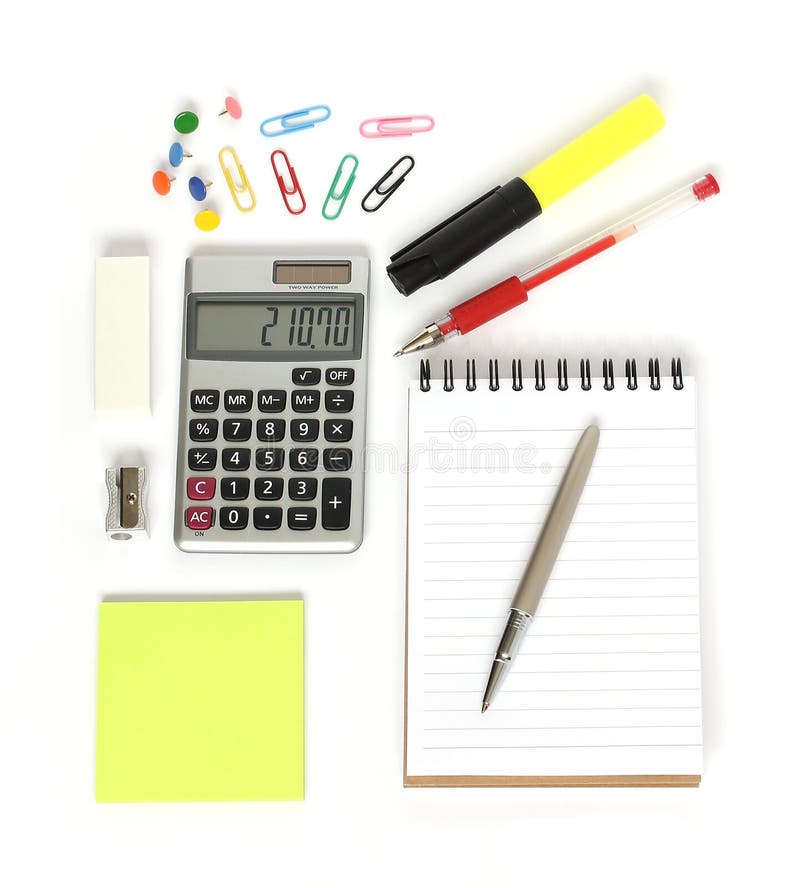 Calculator notebook pens reminder notes stationery