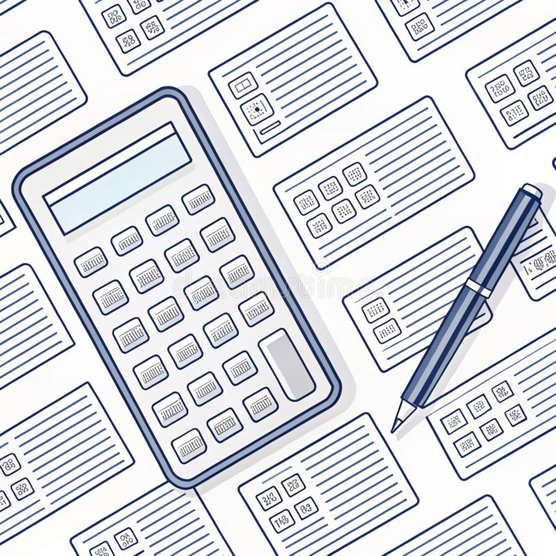 Calculator, pen, and forms. A flat design illustration of office supplies royalty free stock photography