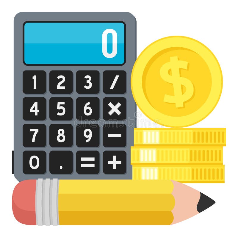 Calculator, Potlood & Muntstukken Vlak Pictogram op Wit vector illustratie Calculator, Potlood & Muntstukken Vlak Pictogram op Wit vector illustratie