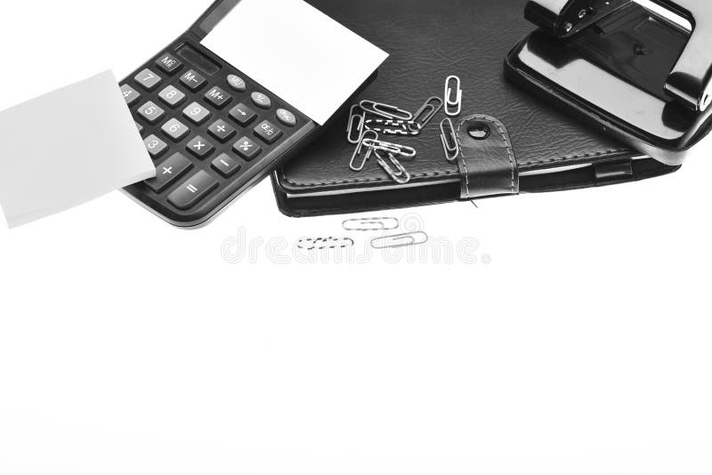 Calculator and stationery with copy space, close up royalty free stock photography