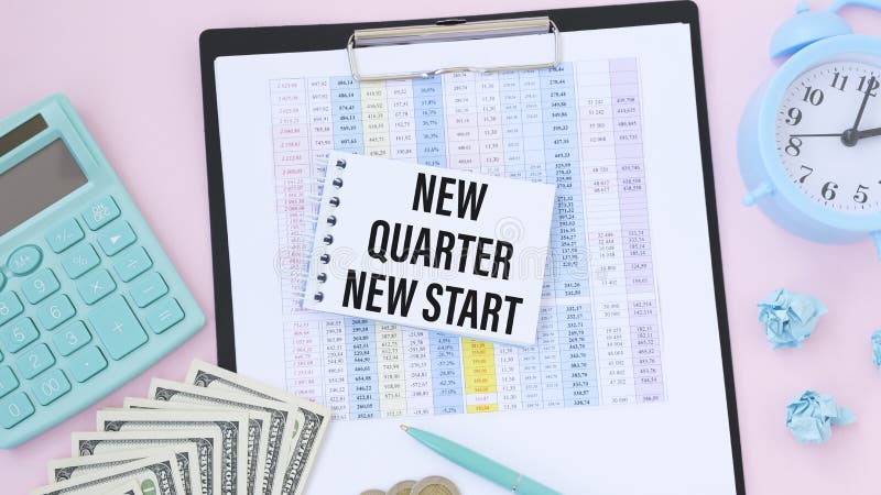 Calculator, stationery and plant. Text NEW MONTH NEW START on white notepad page. Table desk top view, flat royalty free stock image