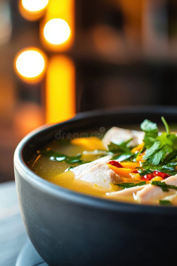 Caldi e invitanti la zuppa fatta in casa con verdure fresche, pollo tenue e peperoncino vivace pronto a dare conforto e nutrimento royalty illustrazione gratis